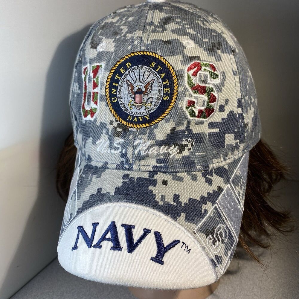 US MILITARY CAP NAVY OFFICIAL LICENSED HAT CAMO BLUE WHITE STRAPBACK